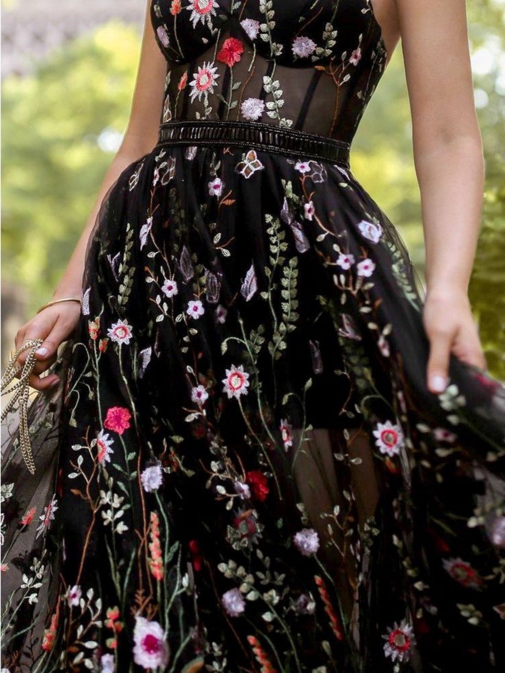 Mac Duggal Black Floral Embroidered V-Neck Maxi Gown - Picture 2 of 4
